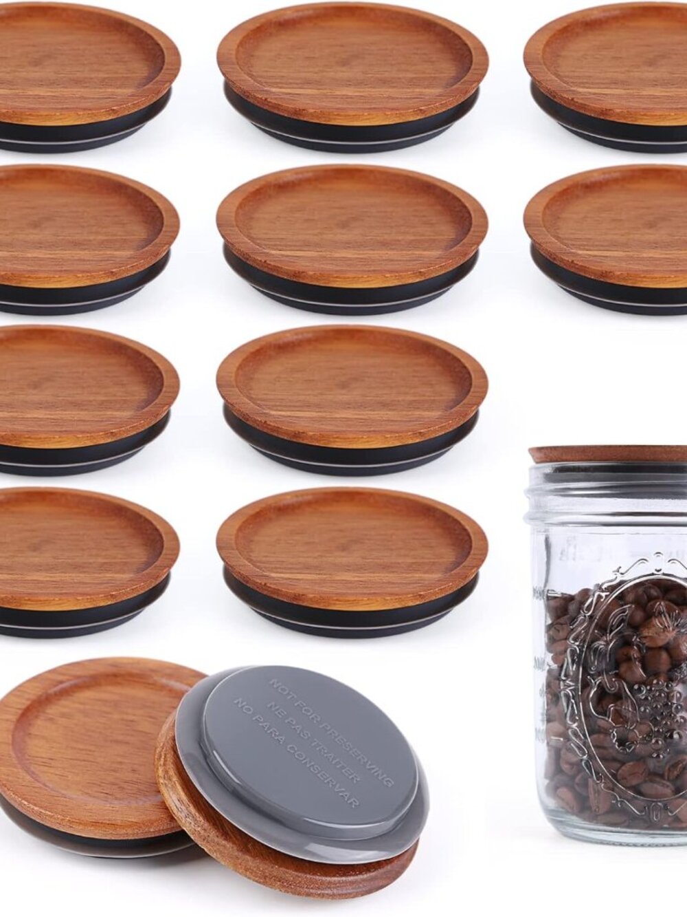 12Pack Wide Mouth Mason Jar Lids Acacia Wooden Storage Canning Jar Lids Ball Jar